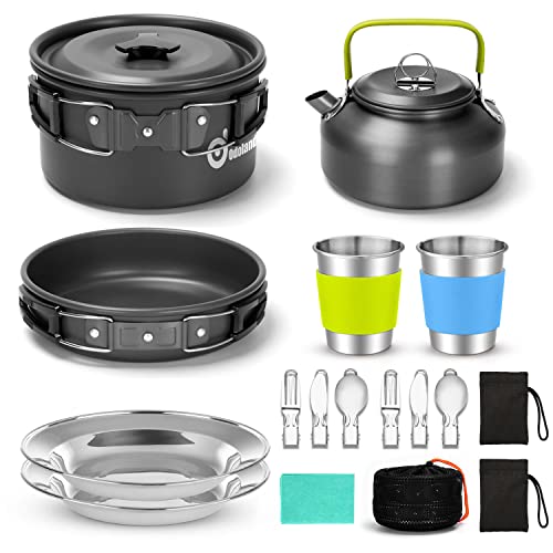 Odoland 15pcs Camping Cookware Mess Kit, Non-Stick Lightweight Pot Pan Kettle Set with Stainless Steel Cups Plates Forks Knives Spoons
