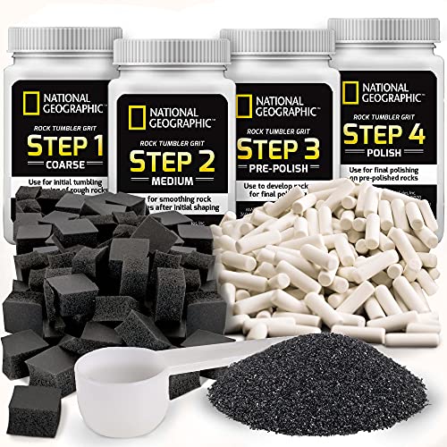 NATIONAL GEOGRAPHIC Rock Tumbler Media – The Ultimate Rock Polishing Supplies Kit, 4 Stage Bulk Grit, 1.5 Pounds of Ceramic Pellets, GemFoam Polishing Tumbling Media For 8 years and up