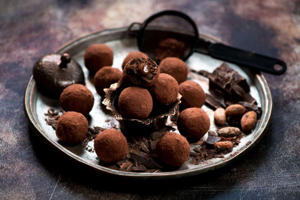 chocolate candy truffles in a stainless plate