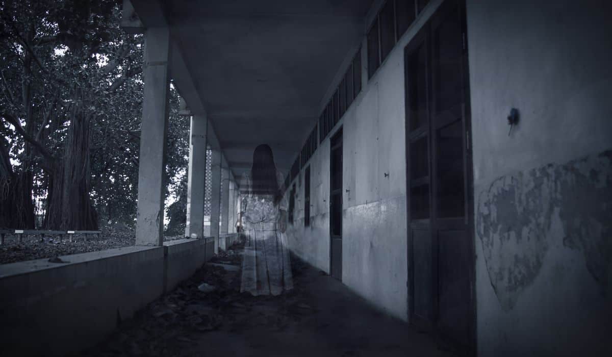 Horror movie scene with a lonely figure on the hall,Horror Scene of a Scary Woman