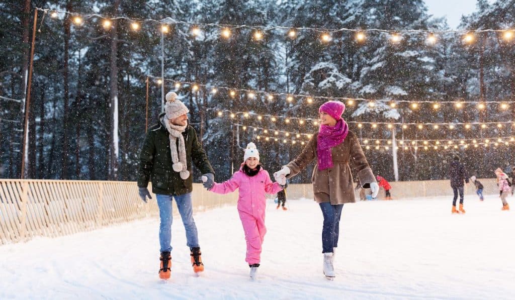 a family ice skating on a snowy day at the rink