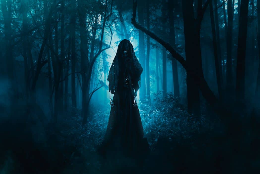 a ghost in dress and veil haunting the woods at night