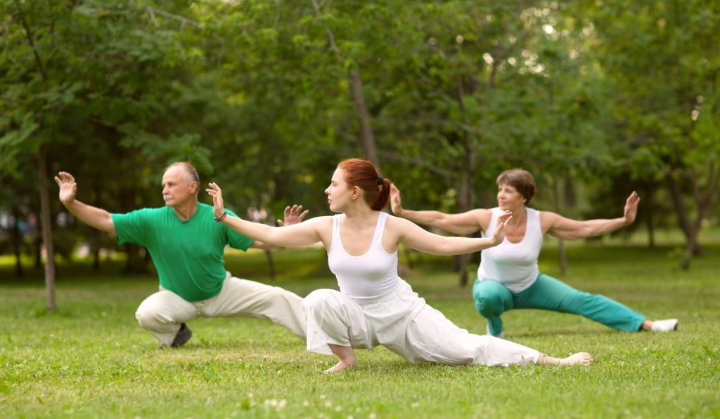 group of people focused on Tai Chi in a park 