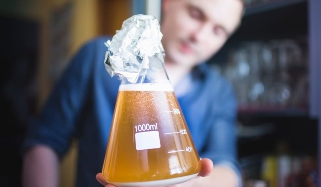 Mid adult man with flask of yeast for home brew beer