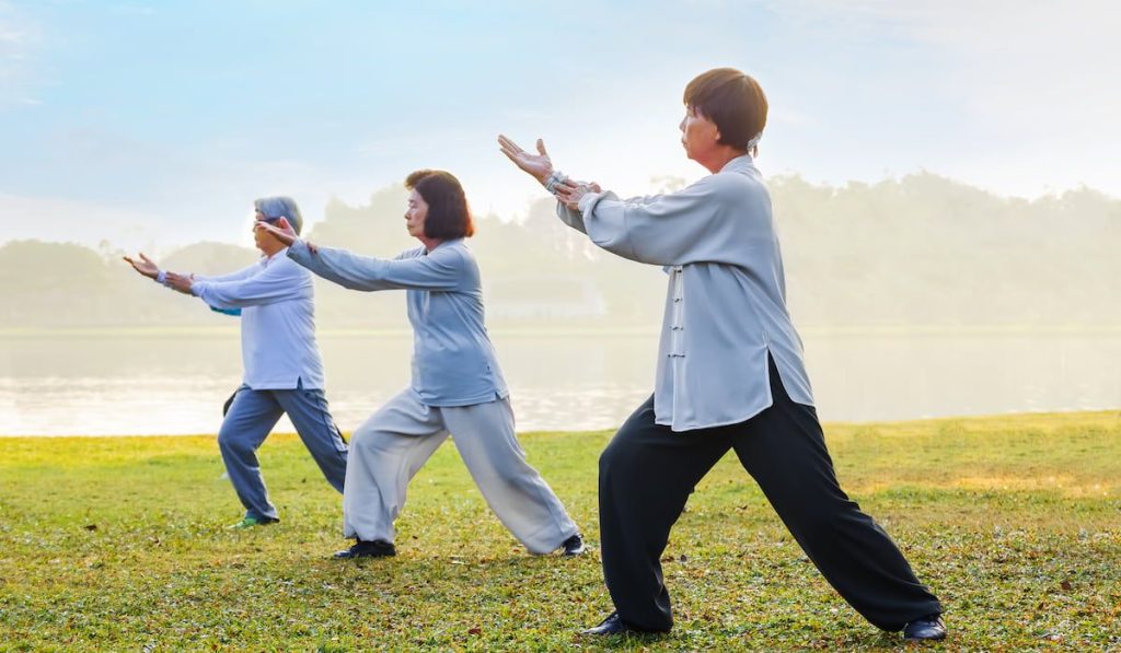 group of people practice Tai Chi in a park