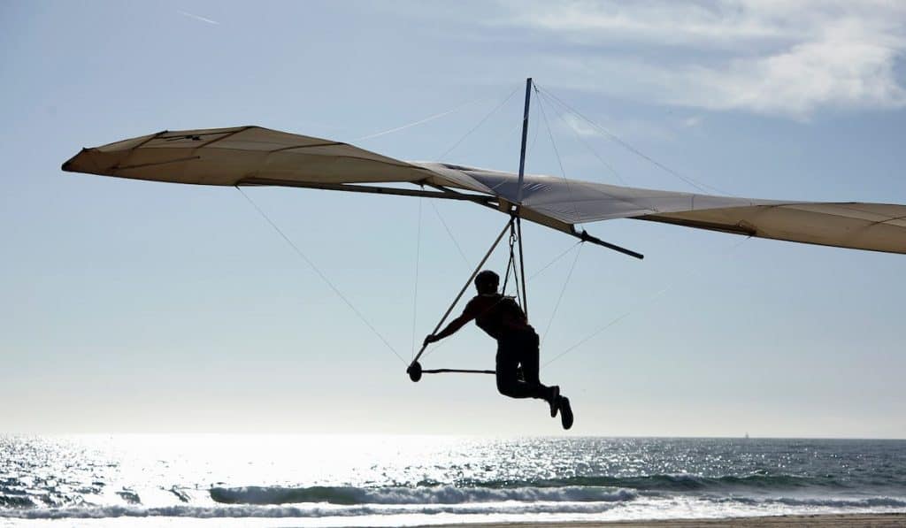 Hang glider pilot landing on beach

