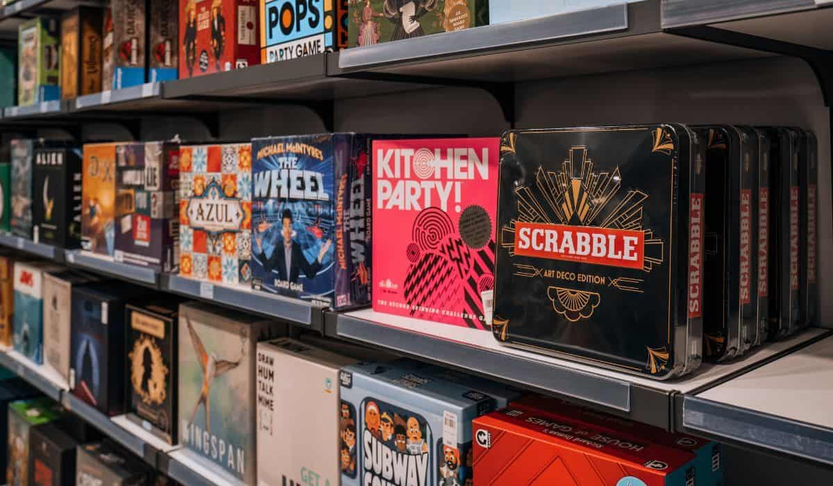 Modern and classing board games on sale at a department store.