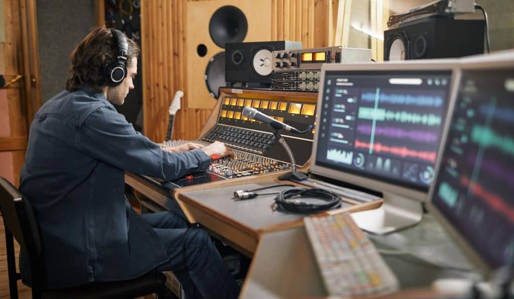 Music Production, music producer on his workstation in recording studio
