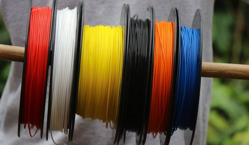 Spool of different colored Polylactic Acid or PLA filaments used for 3D printing
