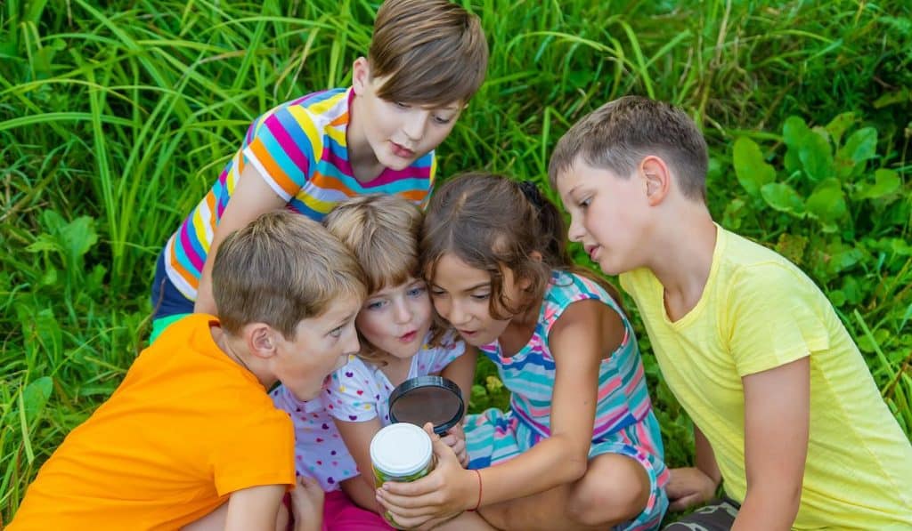 Children look at a magnifying glass on the nature