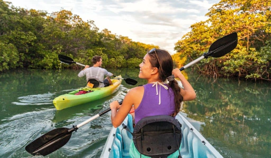 Couple kayaking together in mangrove river