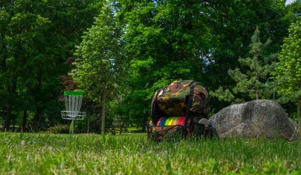 Disc golf bag in the green grass
