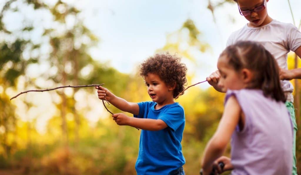Kids are playing in nature holding sticks