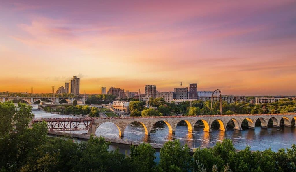 Minneapolis Minnesota at Sunset on the Mississippi River,
