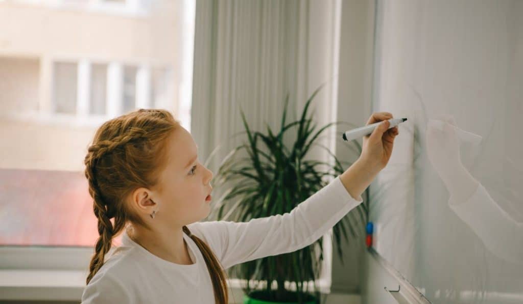 happy little schoolgirl writing on whiteboard
