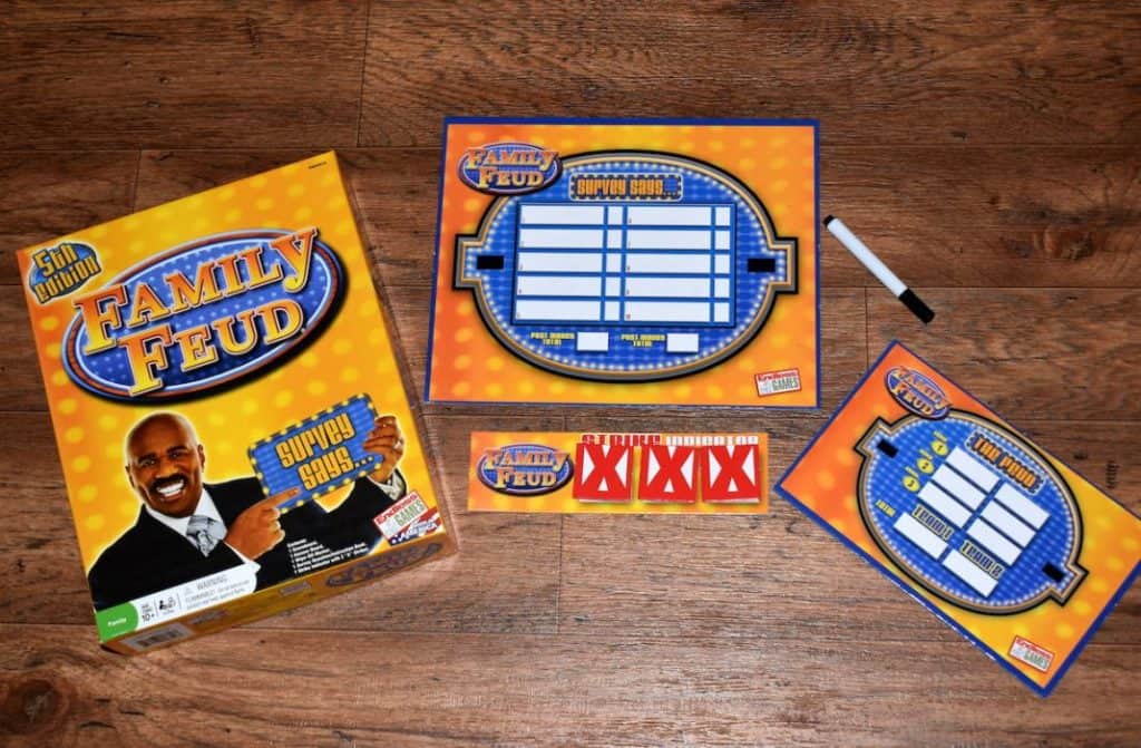 ready to play Family Feud game on a wooden floor 