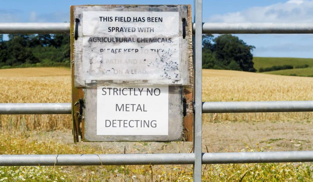 A 'Strictly No Metal Detecting' sign on Shropshire farmland.