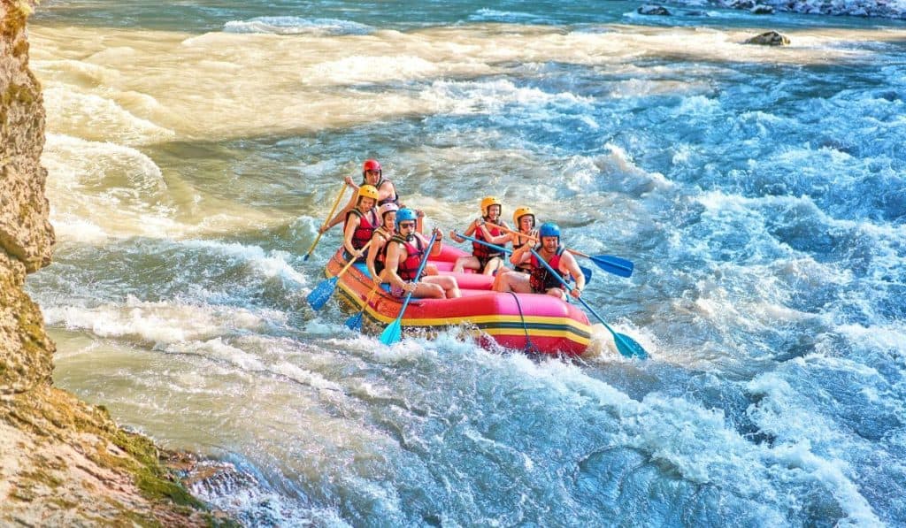 rafting on a large boat on a mountain river
