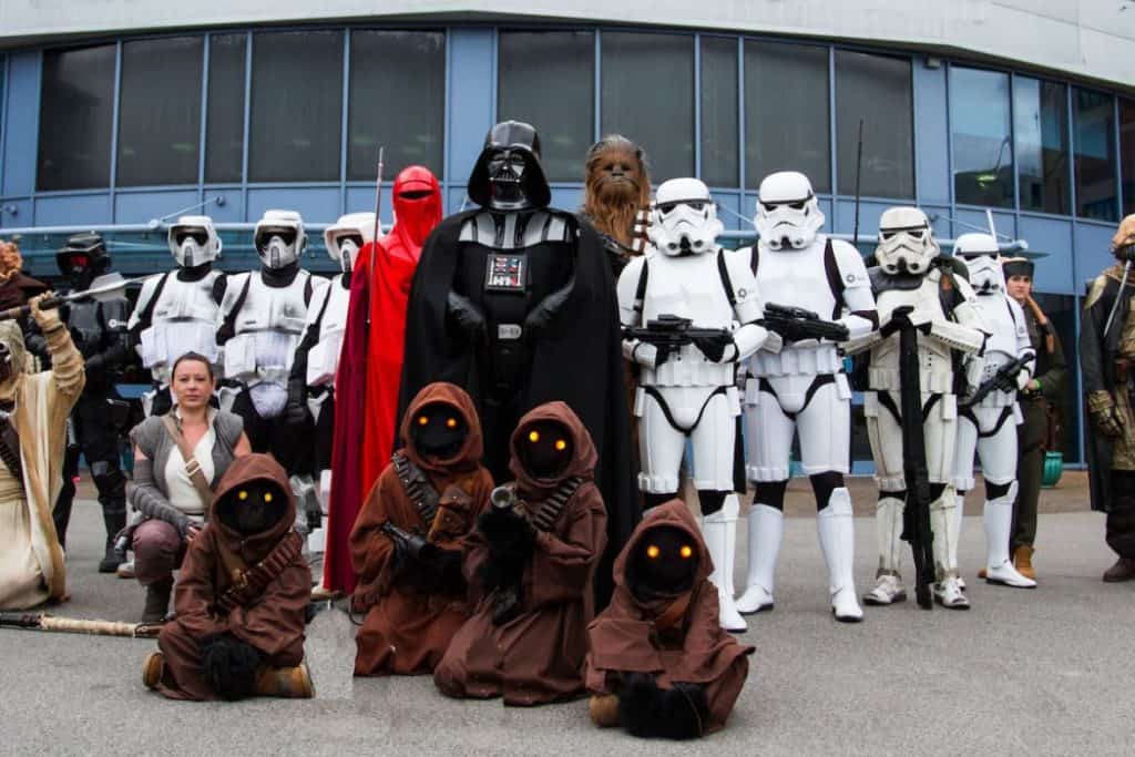 A group of cosplayers dressed as characters from the Star Wars movies