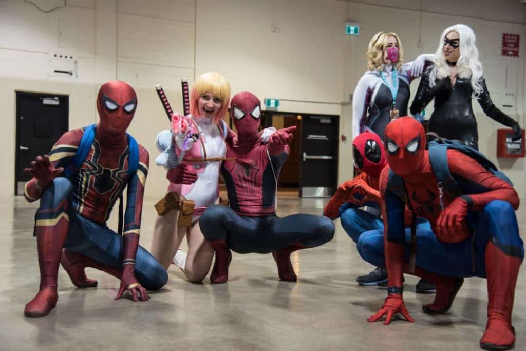 Comic and Entertainment Expo Group of Spider-man and Spider-verse cosplayers posing