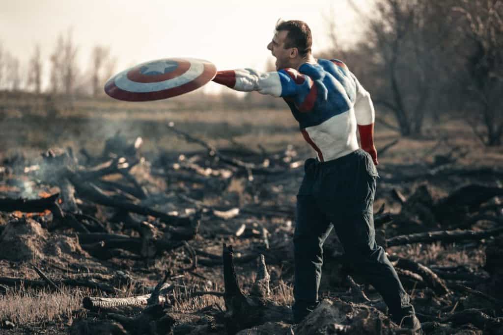Man dressed as Captain America. Captain America cosplay costume