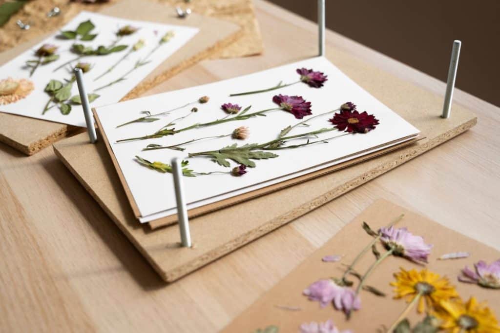 making decoration with pressed flowers and leaves