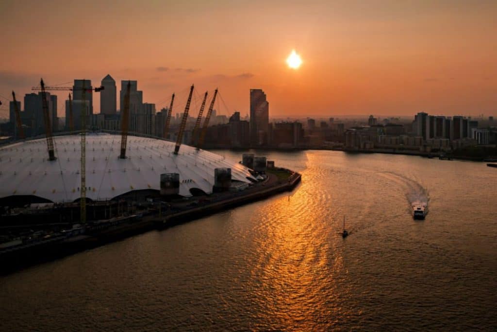 O2 Arena/Canary Wharf during sunset in London