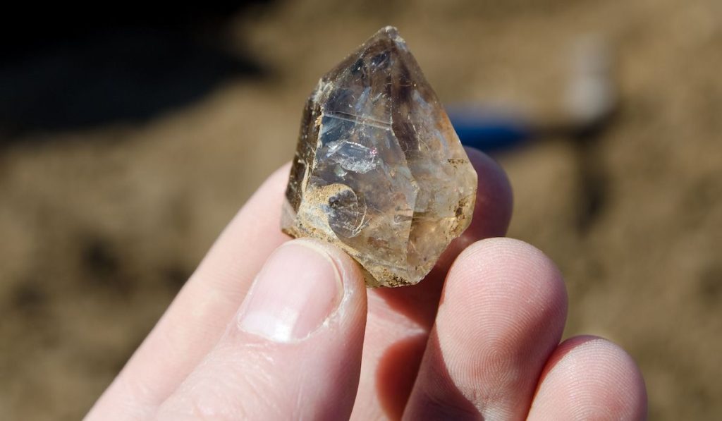 Collector holding freshly found smoky quartz crystal
