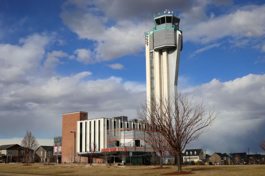 The former air-traffic-control tower at Stapleton International Airport
