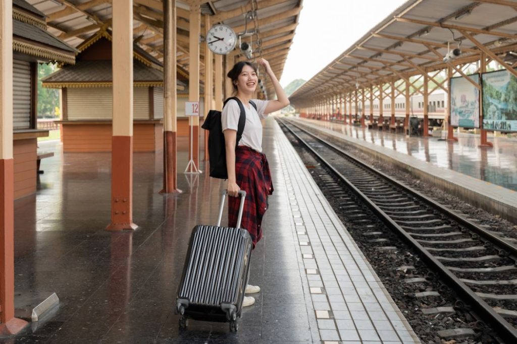 Empty tourists on train railway platforms 